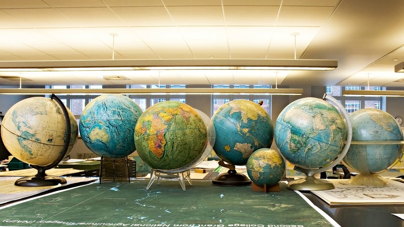 Globes in the Evans Map Room, Baker-Berry Library